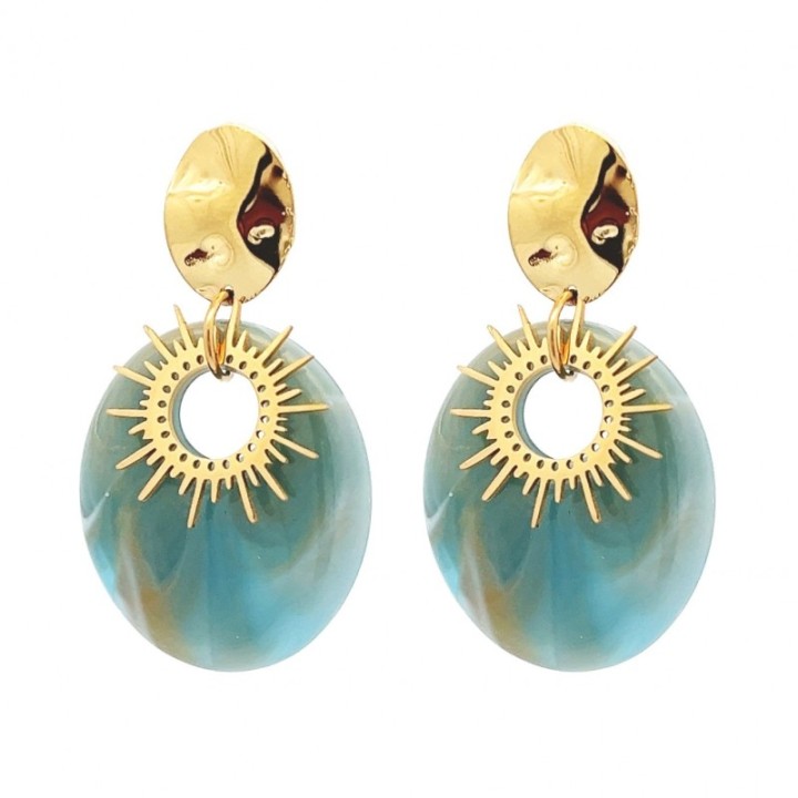 Pendenti Sole Raggiante Ovale Azzurro Marmo Acciaio 316L Dorato