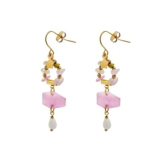 Pendenti a Cascatella Pietre Rosa e Stella Acciaio 316L Dorato
