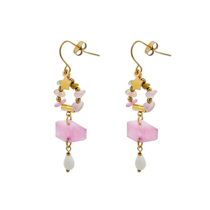 Pendenti a Cascatella Pietre Rosa e Stella Acciaio 316L Dorato