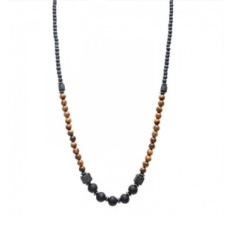 Collana Uomo Lunga Pietra Lavica e Legno Acciaio