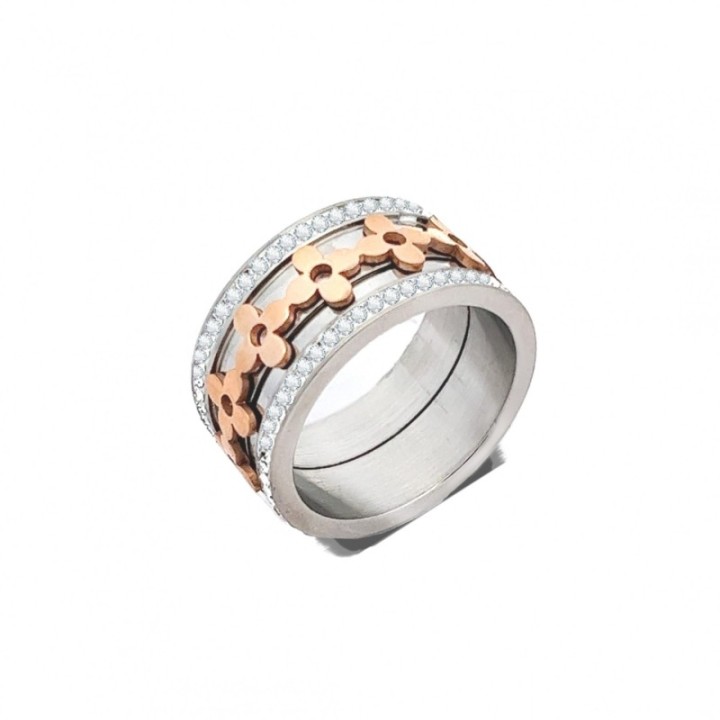 Anello Fascia Fiore Strass Acciaio Bicolore