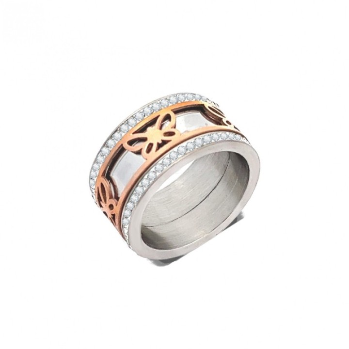 Anello Fascia Farfalla Strass Acciaio Bicolore