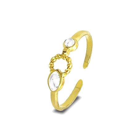 Anello con 2 Zirconi Bianchi Regolabile in Acciaio Oro Giallo
