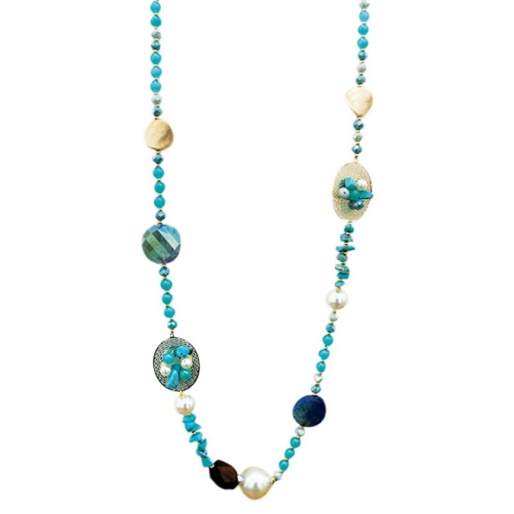 Collana Perline Lunga con Pietre e Cristalli Turchesi