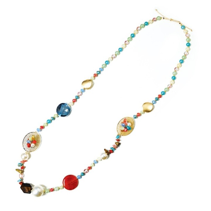 Collana Perline Lunga con Pietre e Cristalli Multicolore