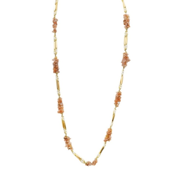 Collana Bijoux Lunga Beige con Cristalli e Pietre