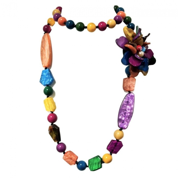 Collana Bijoux Lunga Multicolore Fiore Pietre Perline