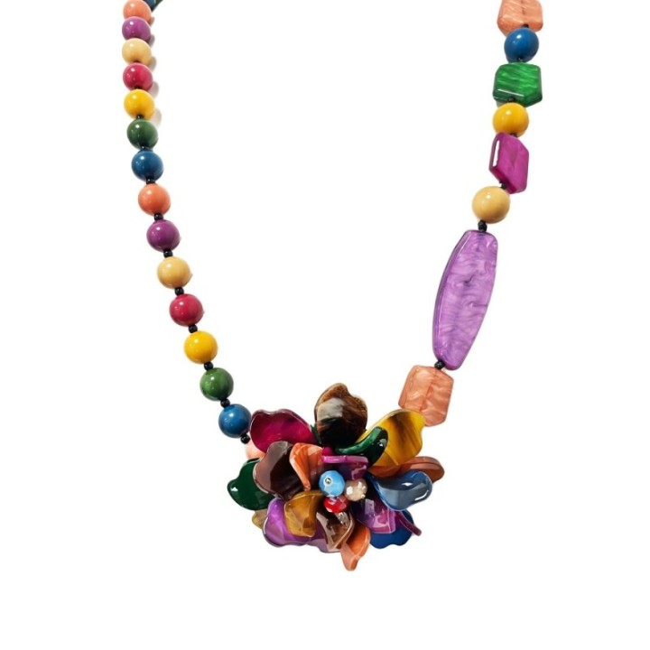 Collana Bijoux Lunga Multicolore Fiore Pietre Perline