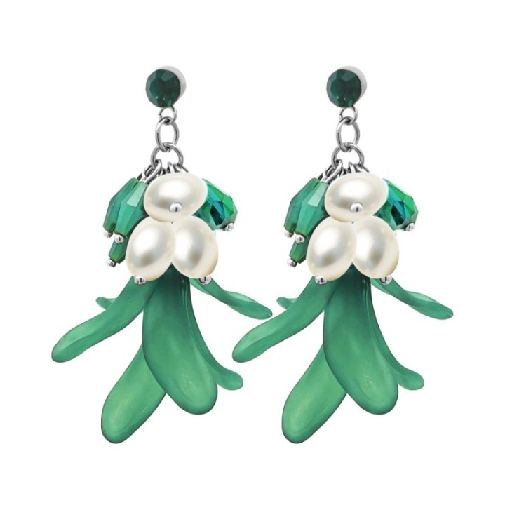 Pendenti Petali Verdi Perle Cristalli Acciaio 316L Argentato