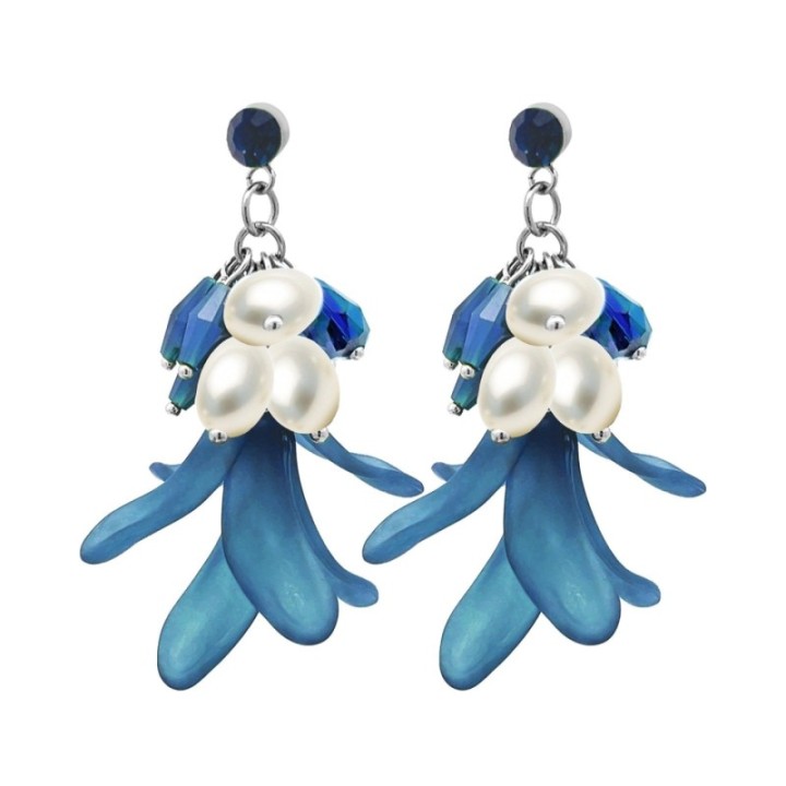 Pendenti Petali Blu Perle Cristalli Acciaio 316L Argentato