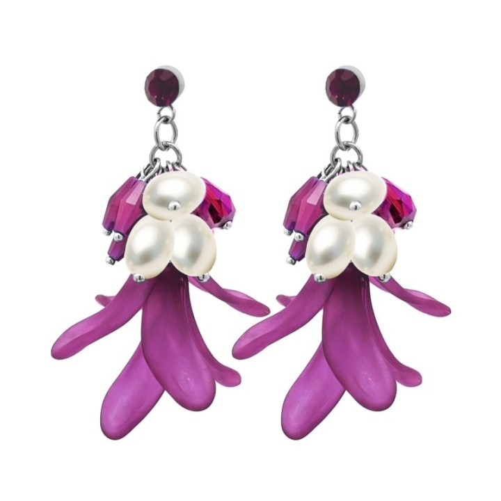 Pendenti Petali Viola Perle Cristalli Acciaio 316L Argentato