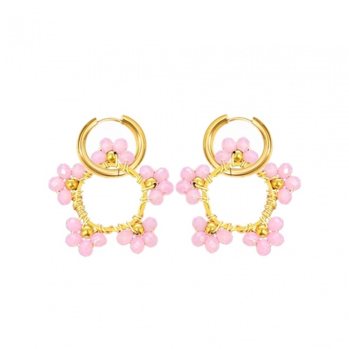 Doppi Cerchi Fiorellini Cristallo Rosa Acciaio 316L